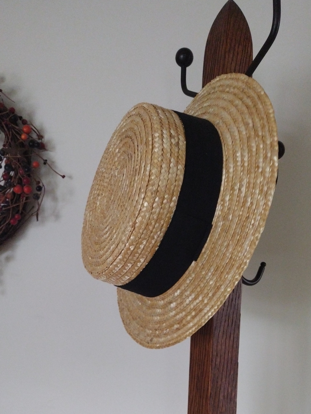 Vintage Classic Italian Straw Boater Hat with Black Band Size 59 100% Straw